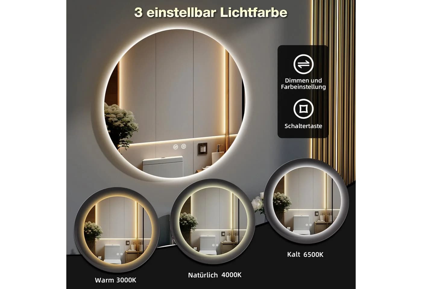 GIMBELEN LED-Badezimmer-Spiegel 50 cm Rund Silber