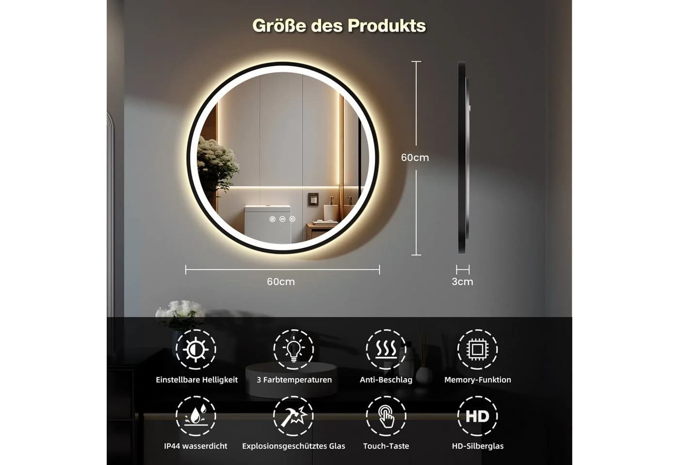 GIMBELEN Badspiegel LED-Badezimmer-Spiegel 60cm Touch 3 Lichtfarben