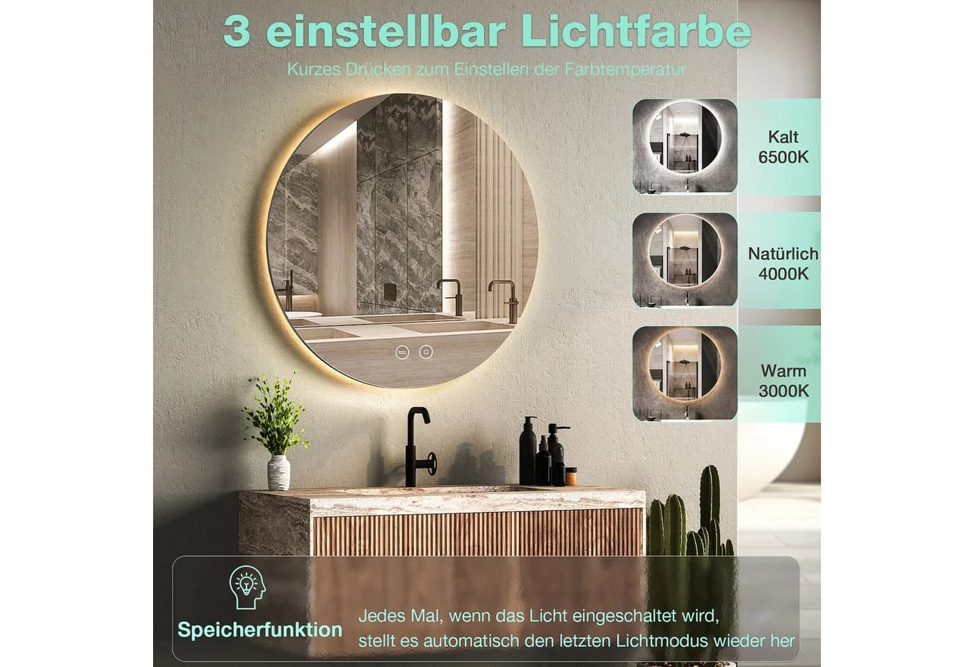 GIMBELEN Badspiegel Dimmbar Kaltweiß Beleuchtung Touch-Schalter