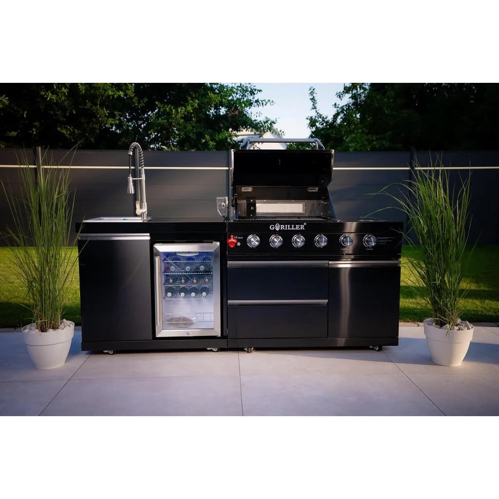 Goriller Outdoorküche Schwarz Edelstahl mit Rotisserie und Kühlschrank