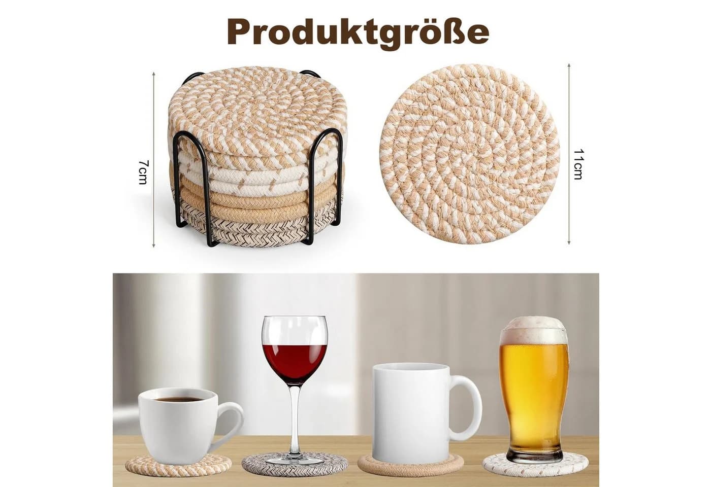 HEYHIPPO Becheruntersetzer Set 8er Rund Baumwolle Braun
