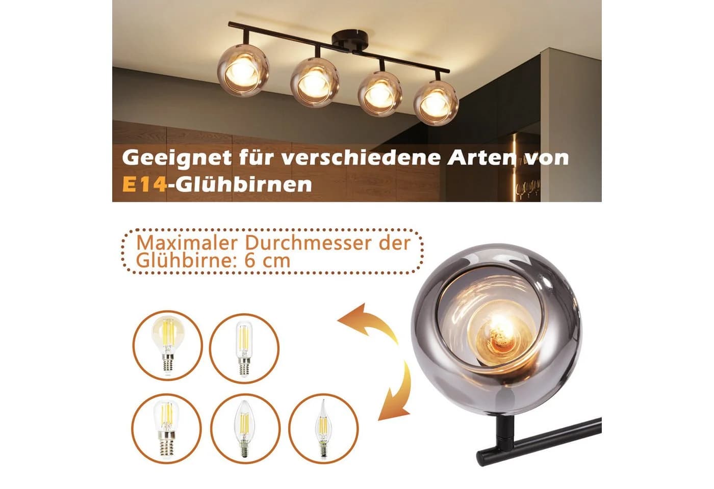 Nettlife Deckenstrahler Vintage Rauchgrau E14 Schwenkbar 350° LED Wechselbar