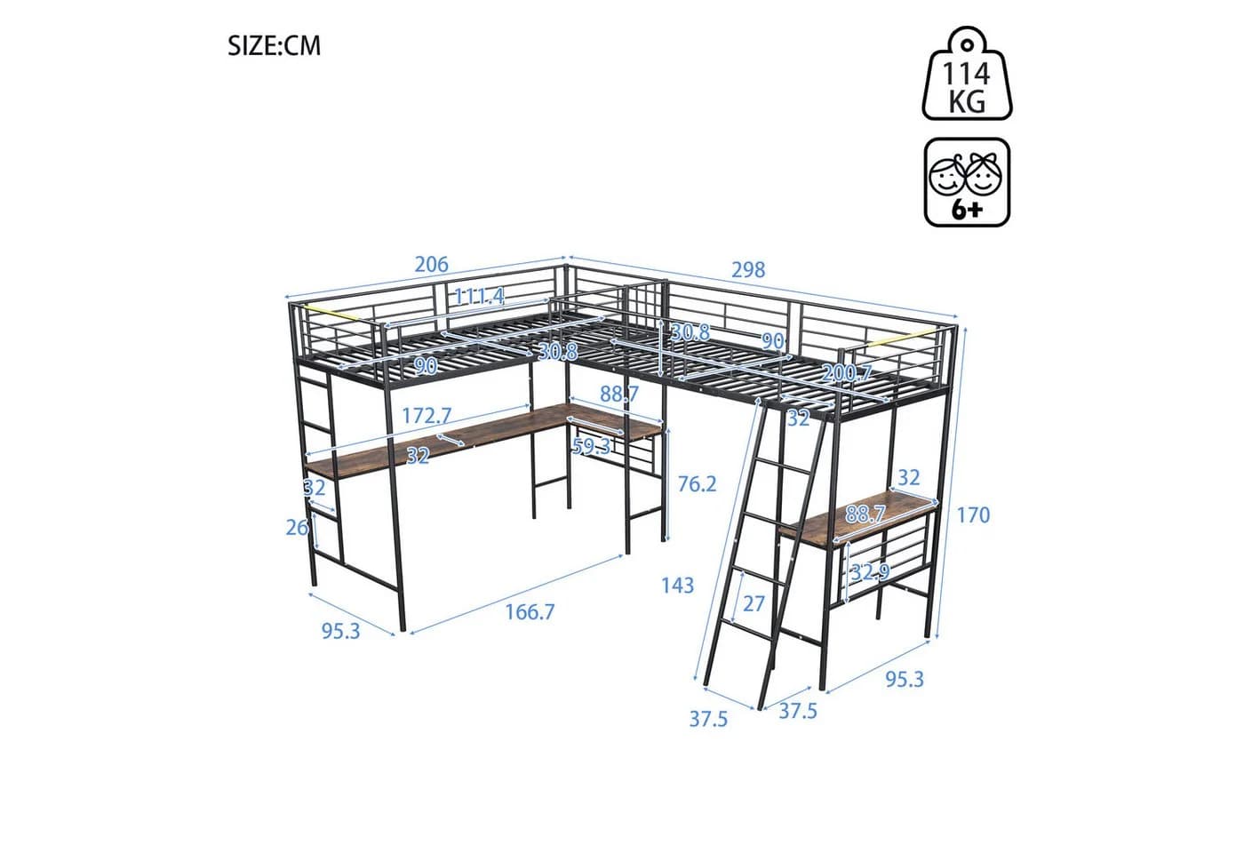 Ulife Etagenbett zwei Hochbett, Tisch unter dem Bett, Doppeltreppe, hohes Geländer, 90*200cm*2