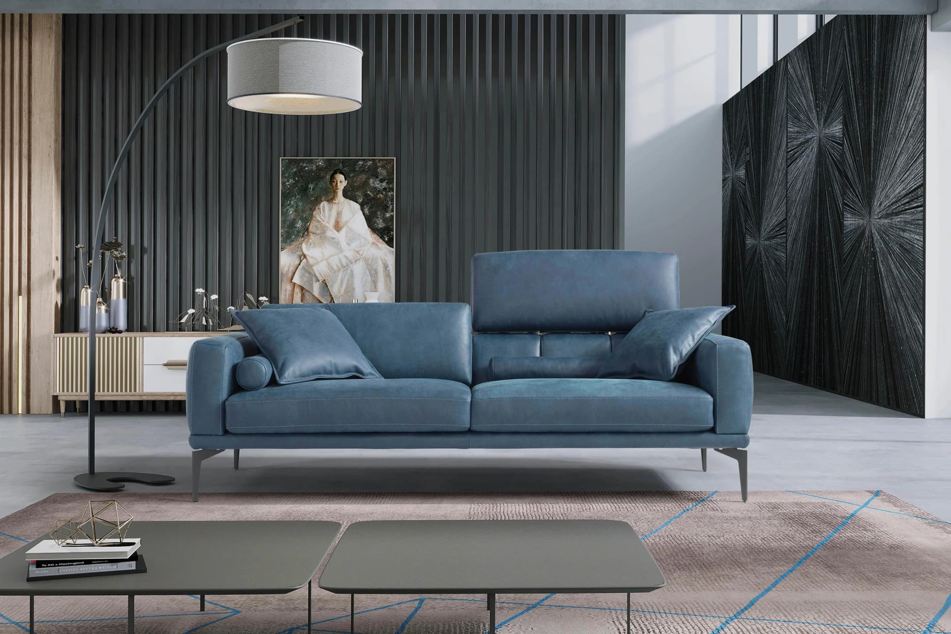 Egoitaliano Masu Designsofa 2,5-Sitzer Ozeanblau Leder