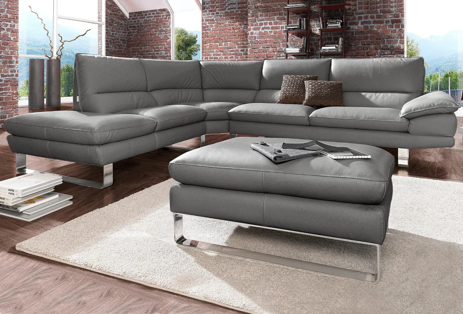 CALIA ITALIA Ecksofa Dave L-Form Grau Leder