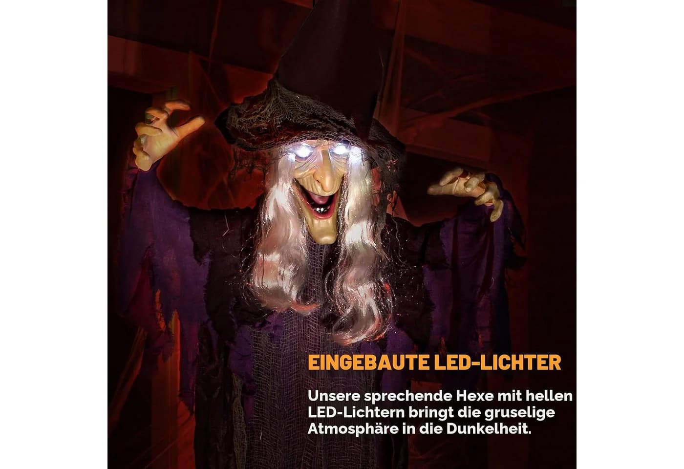 JOYIN Hängedekoration Hexe Halloween mit LED Augen & Soundaktivierung