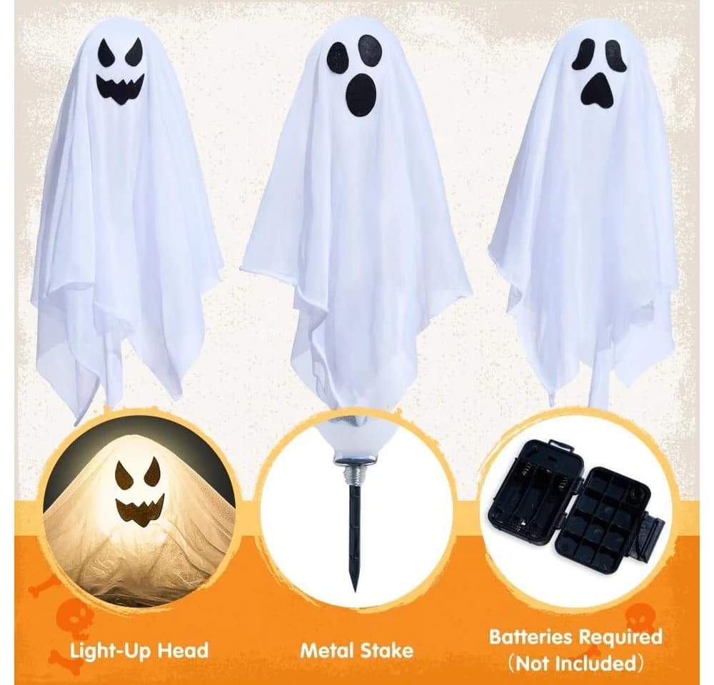 JOYIN 3 Stück Halloween Geist Gartenstecker 38 cm Weiß Beleuchtet