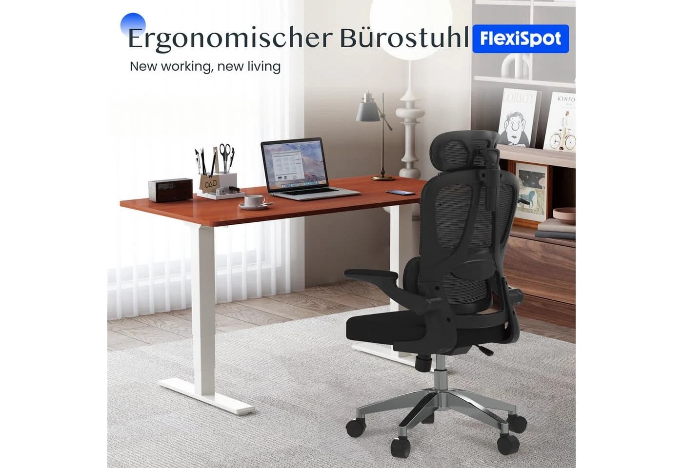 FLEXISPOT Bürostuhl Ergonomischer Schreibtischstuhl mit 2D-Kopfstütze, Klappbare Armlehnen & Dynamische Lendenstütze