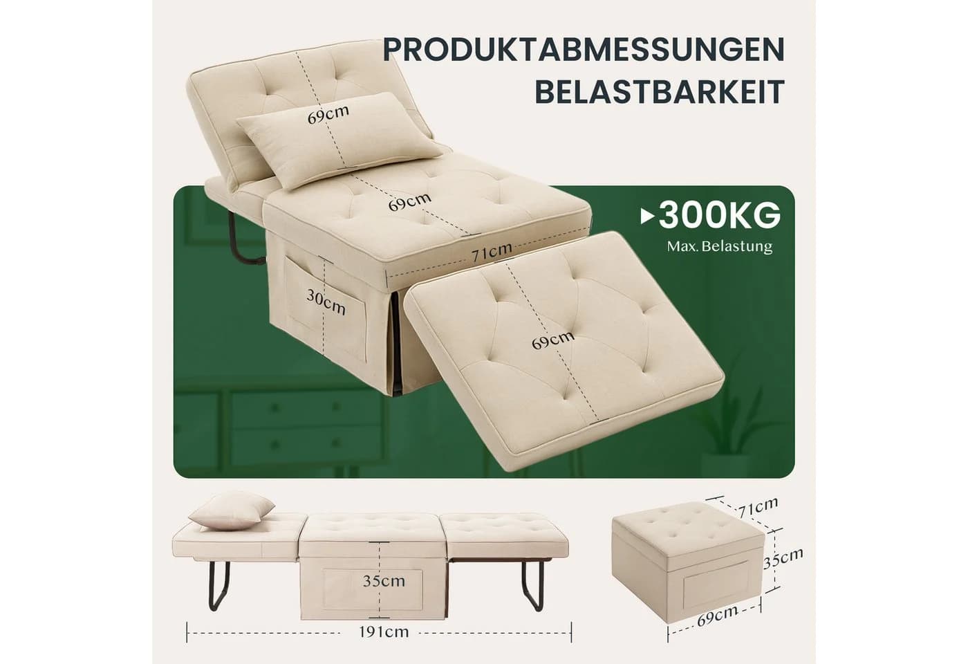 FLEXISPOT Schlafsofa Relaxsessel Beige Klappsofa 300kg