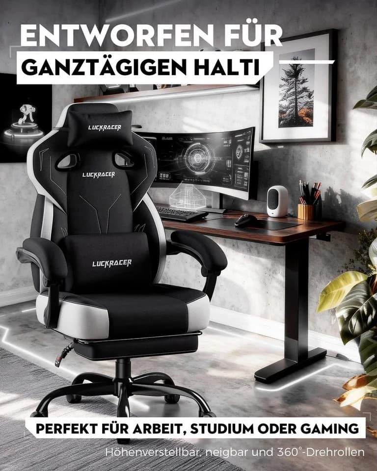 LUCKRACER Gaming-Stuhl Schwarz mit Memory-Schaum und Fußstütze