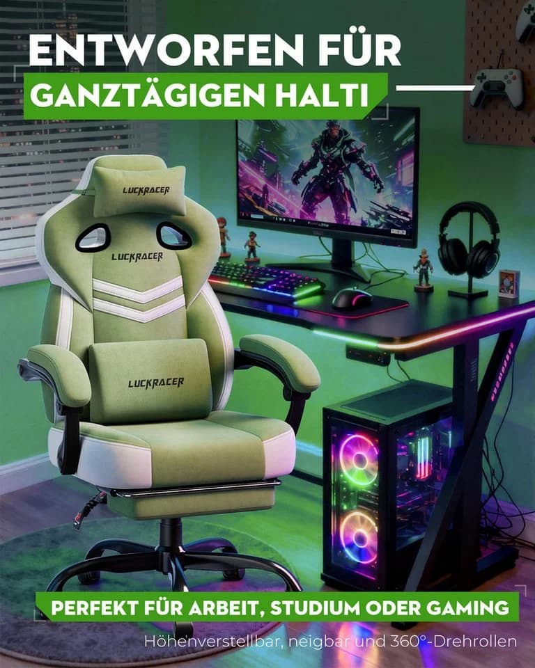 LUCKRACER Gaming-Stuhl mit Fußstütze und Memory-Schaum Grün