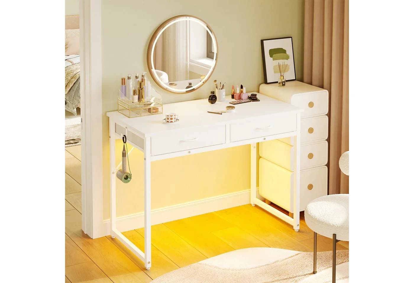 Pinmoco Schreibtisch 106 cm mit Schubladen und LED-Beleuchtung