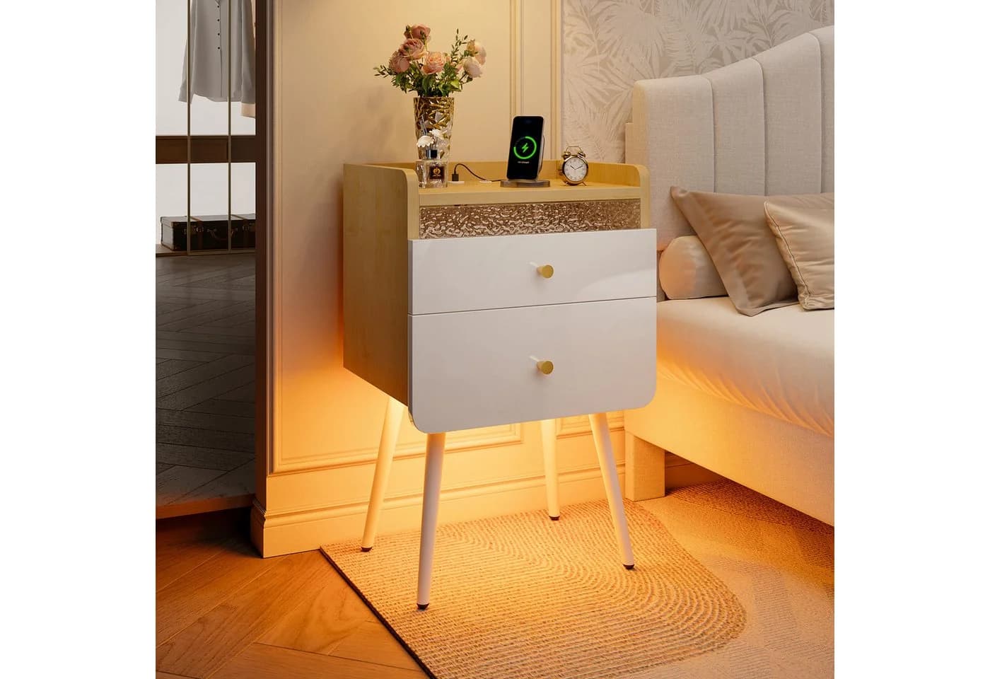 Pinmoco Nachttisch 1er Set schmal mit 2 Schubladen & LED