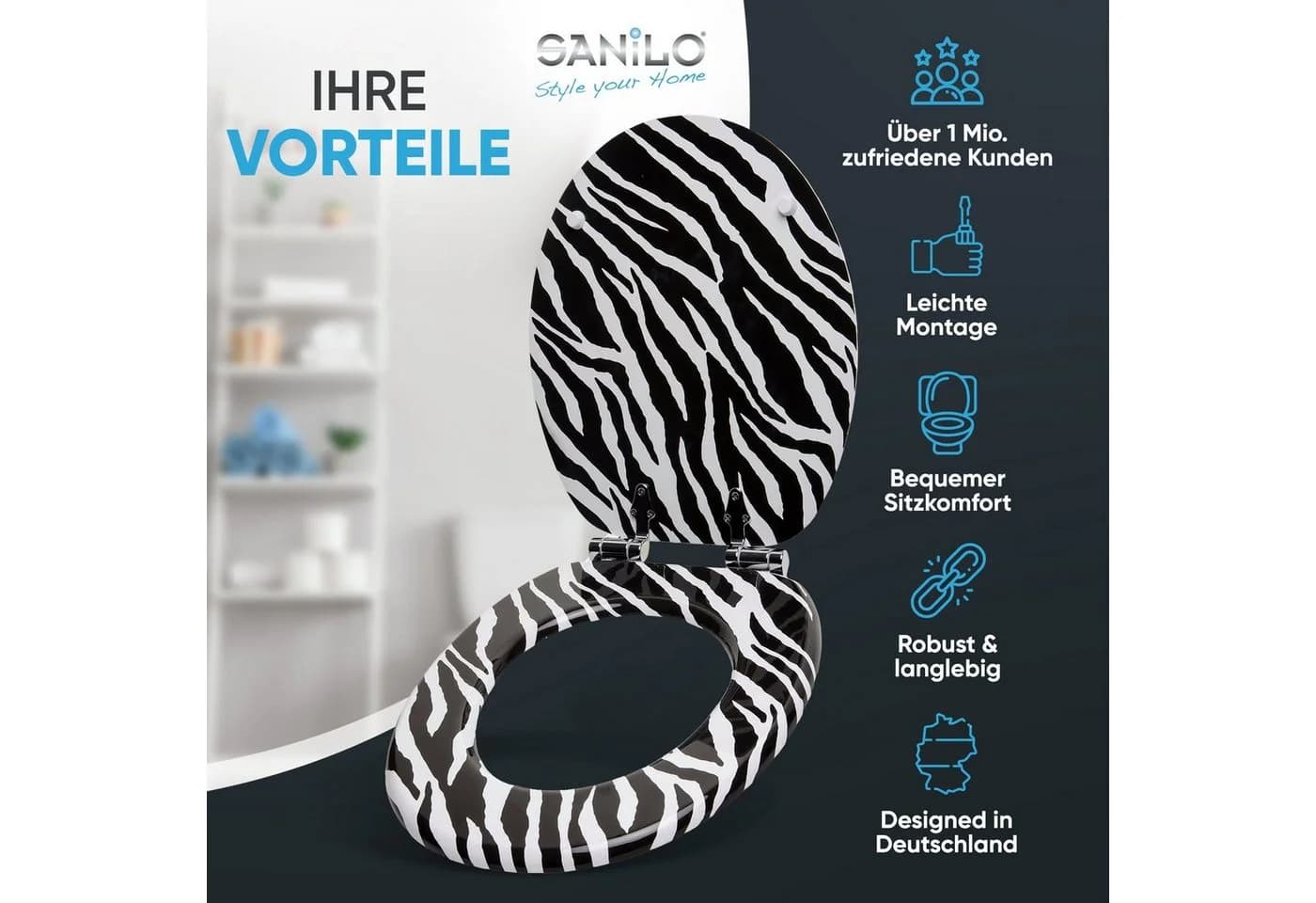 WC-Sitz SANILO Zebra Look Schwarz/Weiß MDF