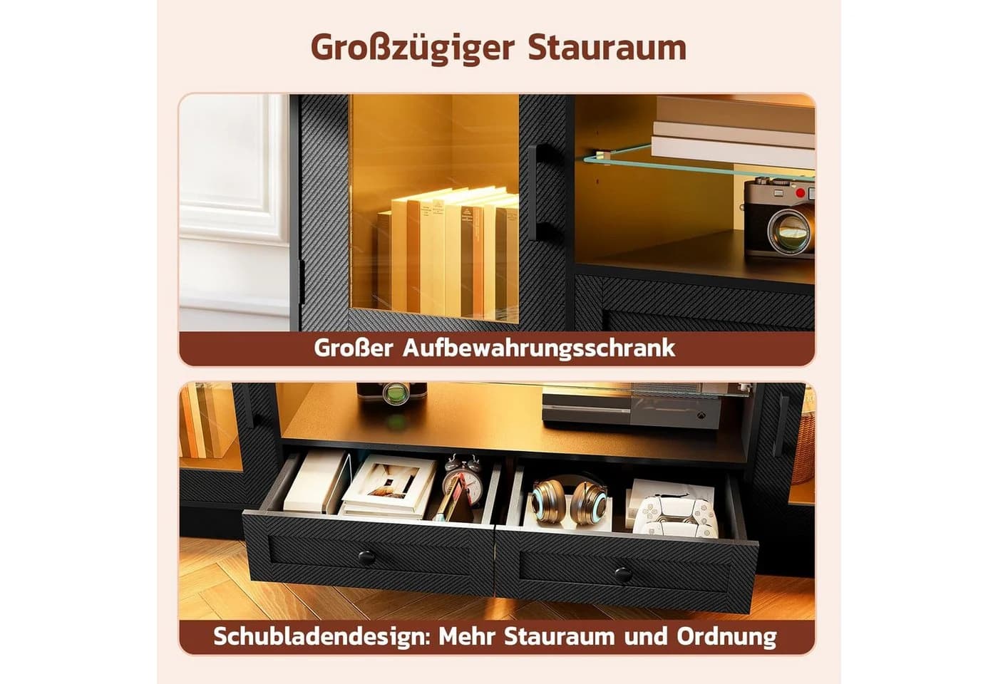 OUNUO TV-Schrank Schwarz mit Schubladen und transparenten Türen