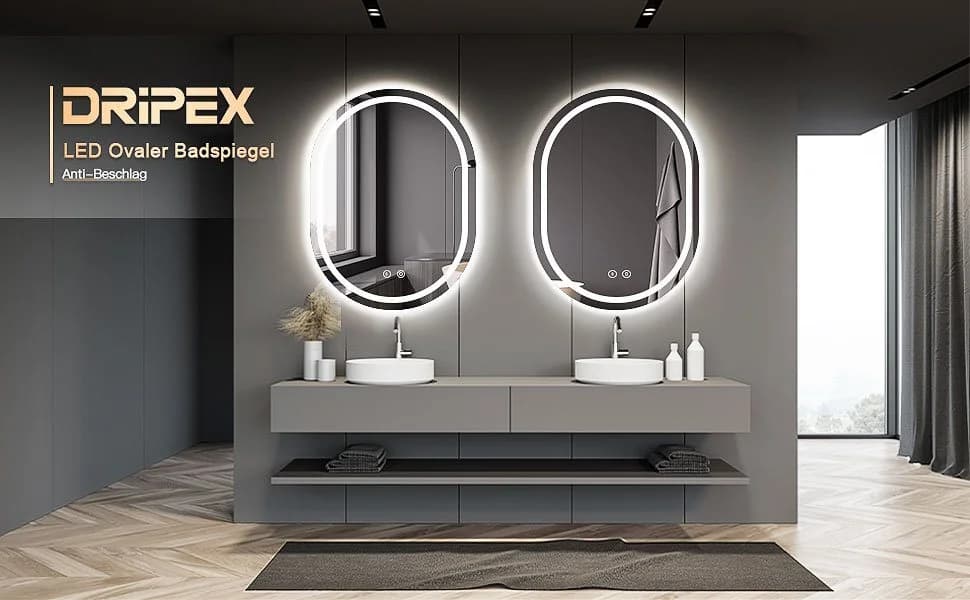 Dripex Badspiegel LED Oval Spiegel, Beschlagfrei, 3 Lichtfarben, Dimmbar