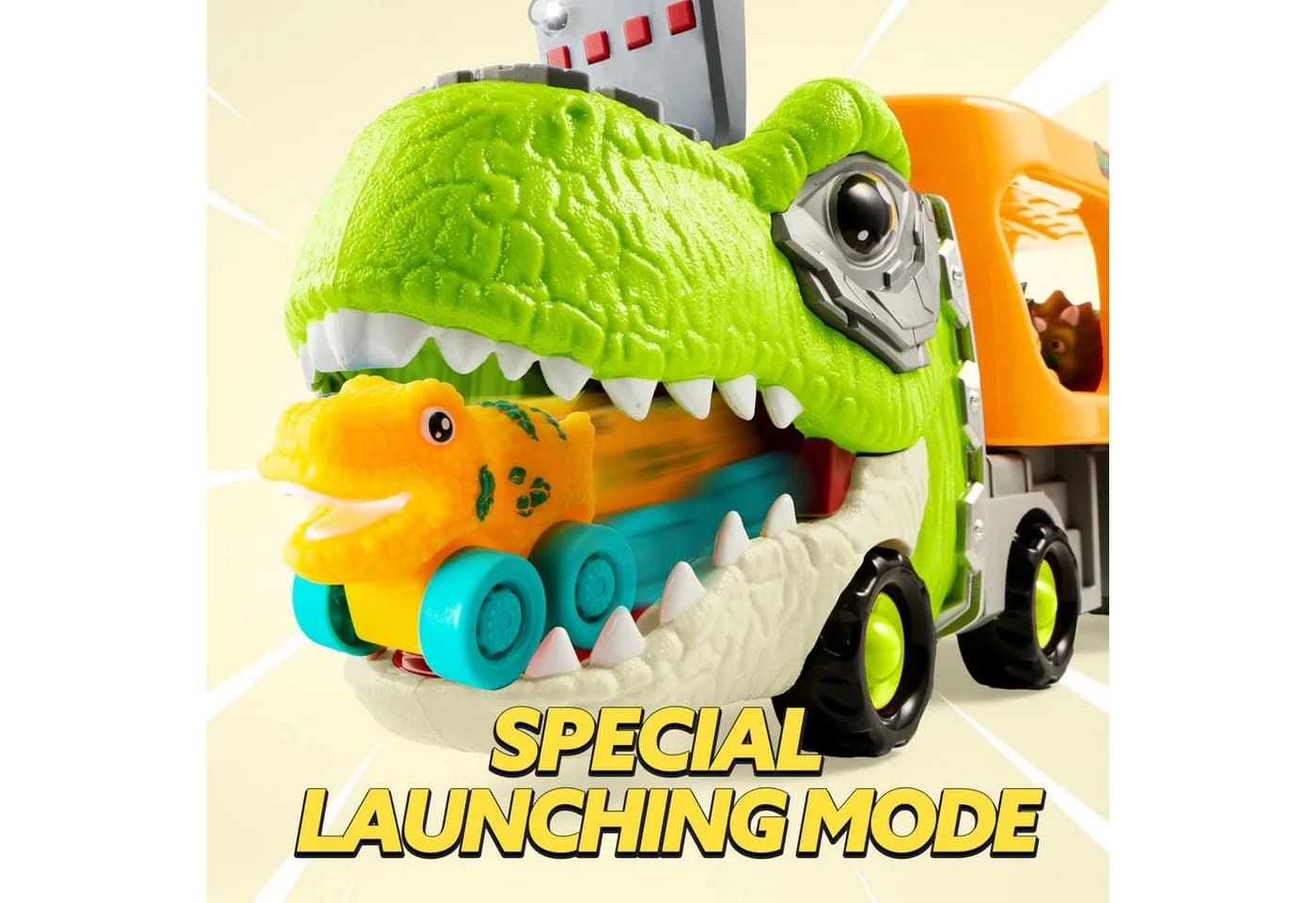 JOYIN Dino-LKW mit 6 Gummifahrzeugen Orange