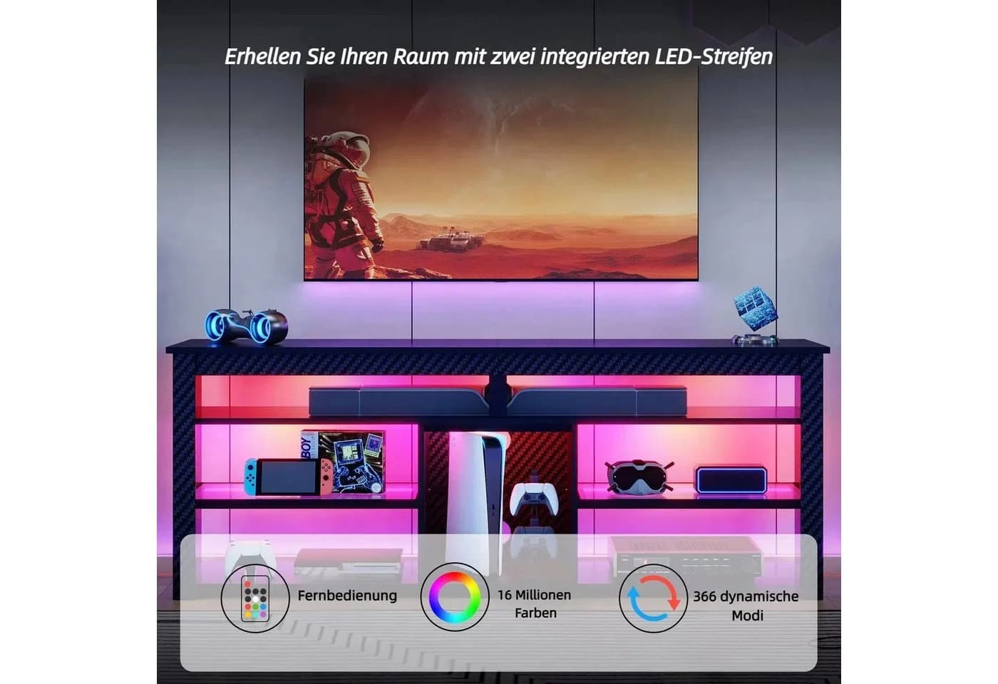 Bestier Lowboard TV-Schrank 160 cm LED-Beleuchtung Weiß/Schwarz