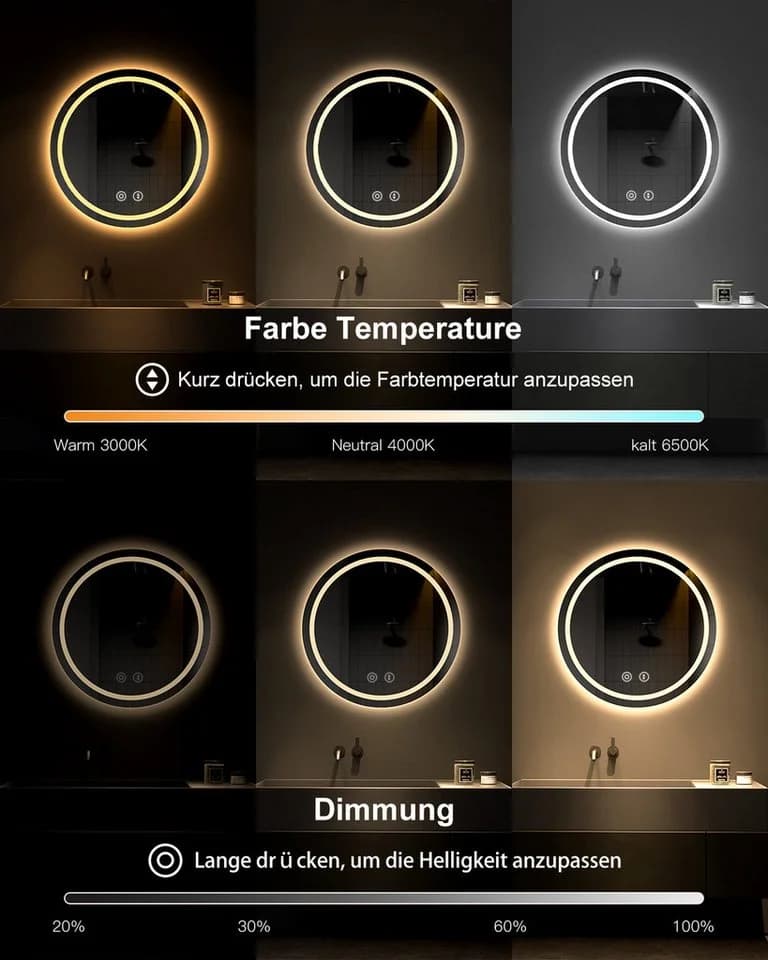 Dripex Badspiegel Rund LED mit Uhr / Bluetooth-Lautsprecher, Dimmbar, 3 Lichtfarben, Beschlagfrei