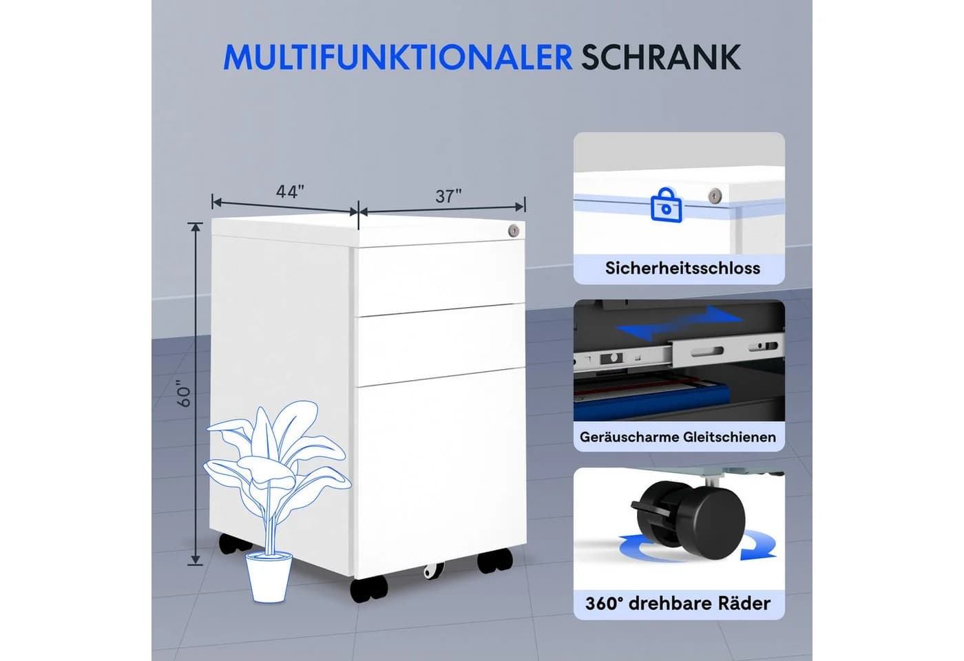 FLEXISPOT Rollcontainer Aufbewahrungsschrank mit Schloss, 3 Schubladen, Schwarz
