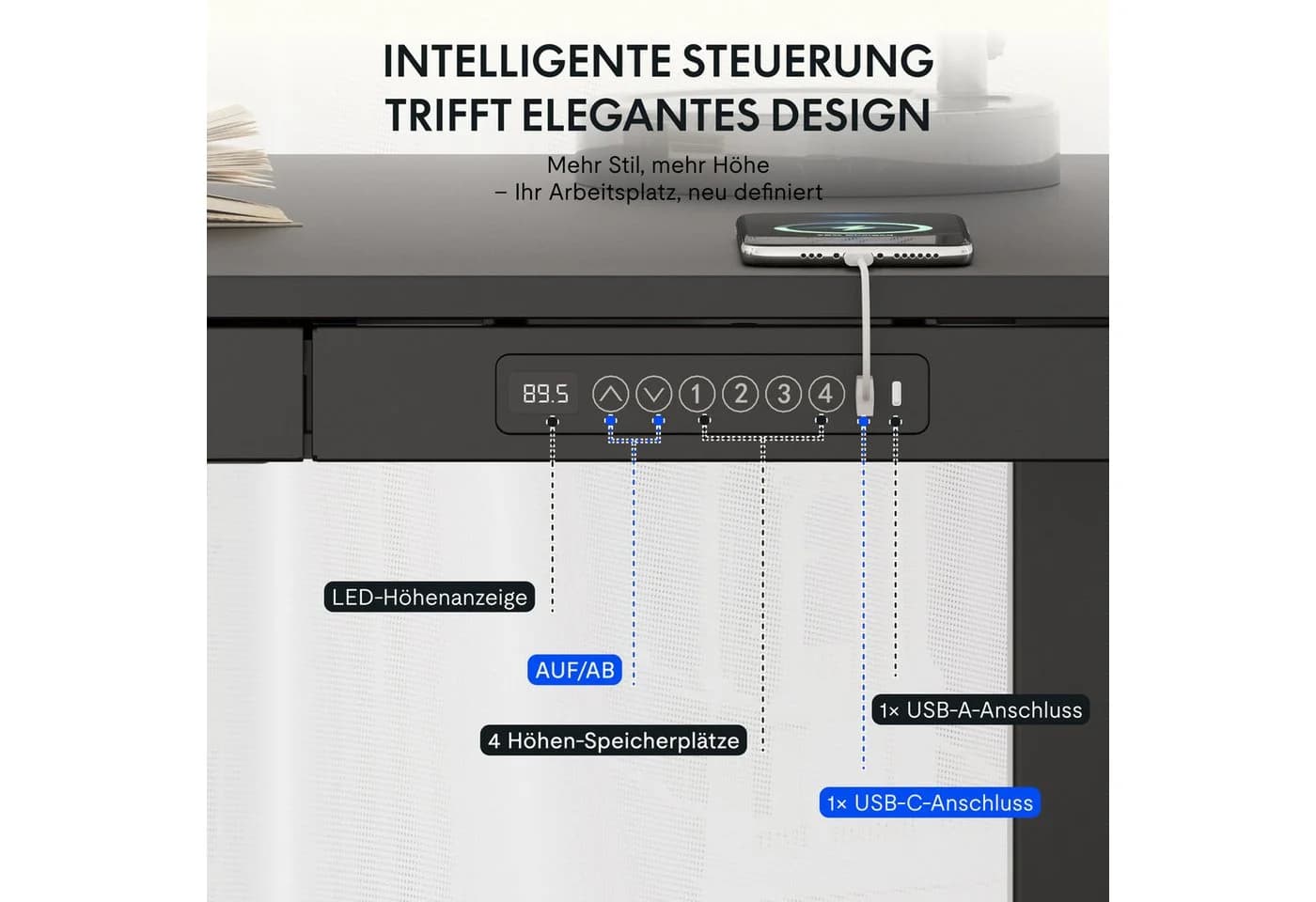 FLEXISPOT Höhenverstellbarer Schreibtisch mit Schubladen, LED-Höhenanzeige, 4 Speicherhöhen, Schwarz