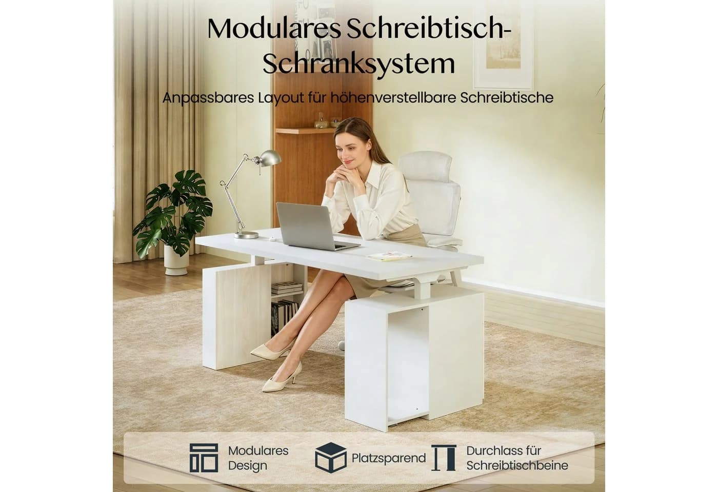 FLEXISPOT Elektrischer Schreibtisch mit Bein-Schrank Set Weiß Höhenverstellbar
