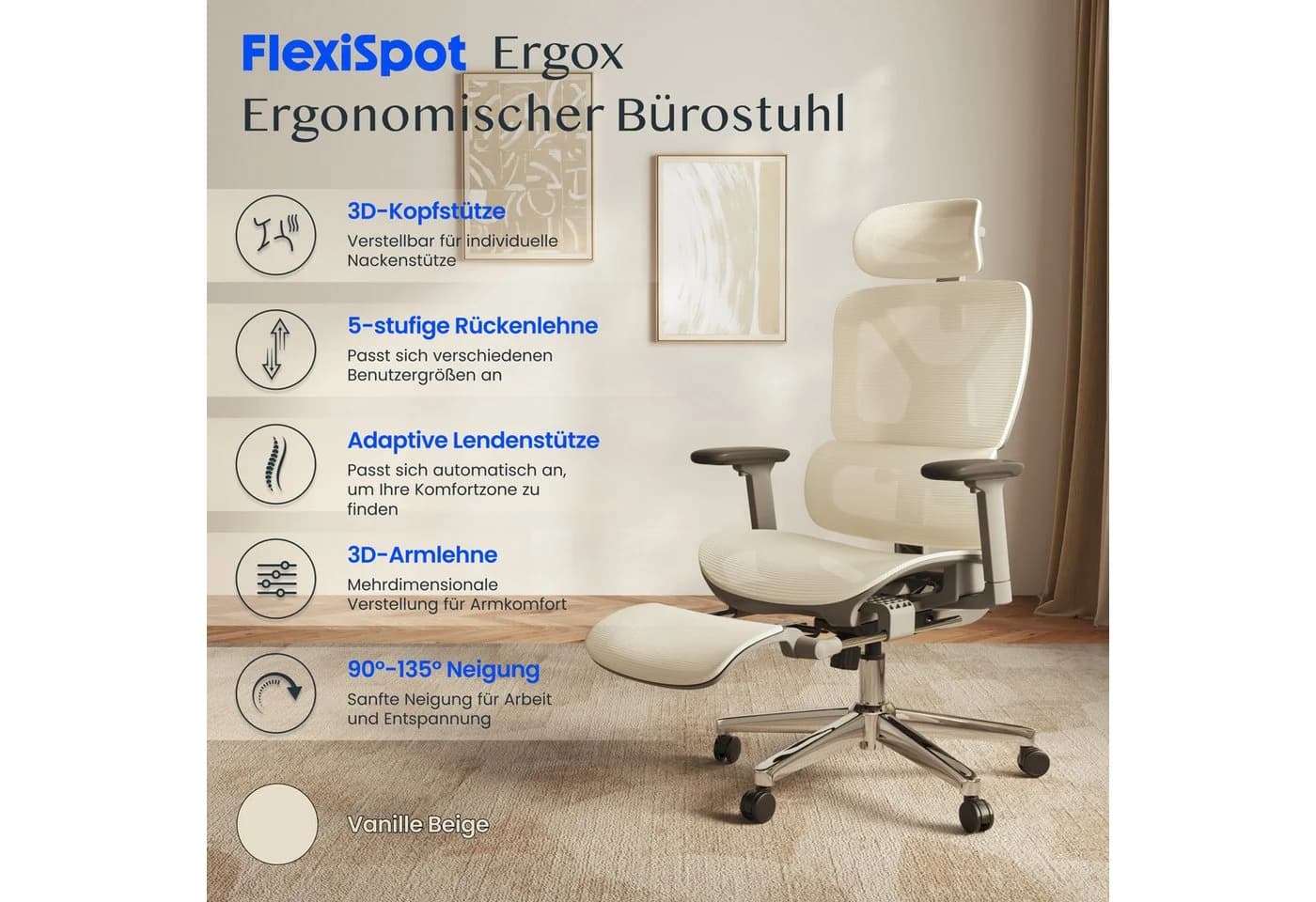 FLEXISPOT Bürostuhl ErgoX Beige 5D-Rückenlehne 3D-Armlehnen