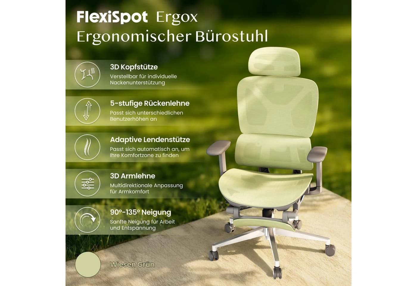 FLEXISPOT Bürostuhl ErgoX Grün 3D-Kopfstütze & Armlehnen