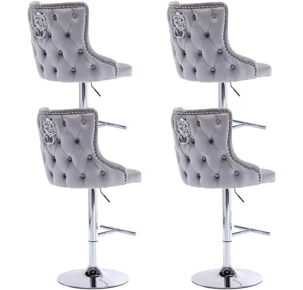 WAHSON OFFICE CHAIRS Barhocker höhenverstellbar Grau Samt Löwenkopf 4er Set