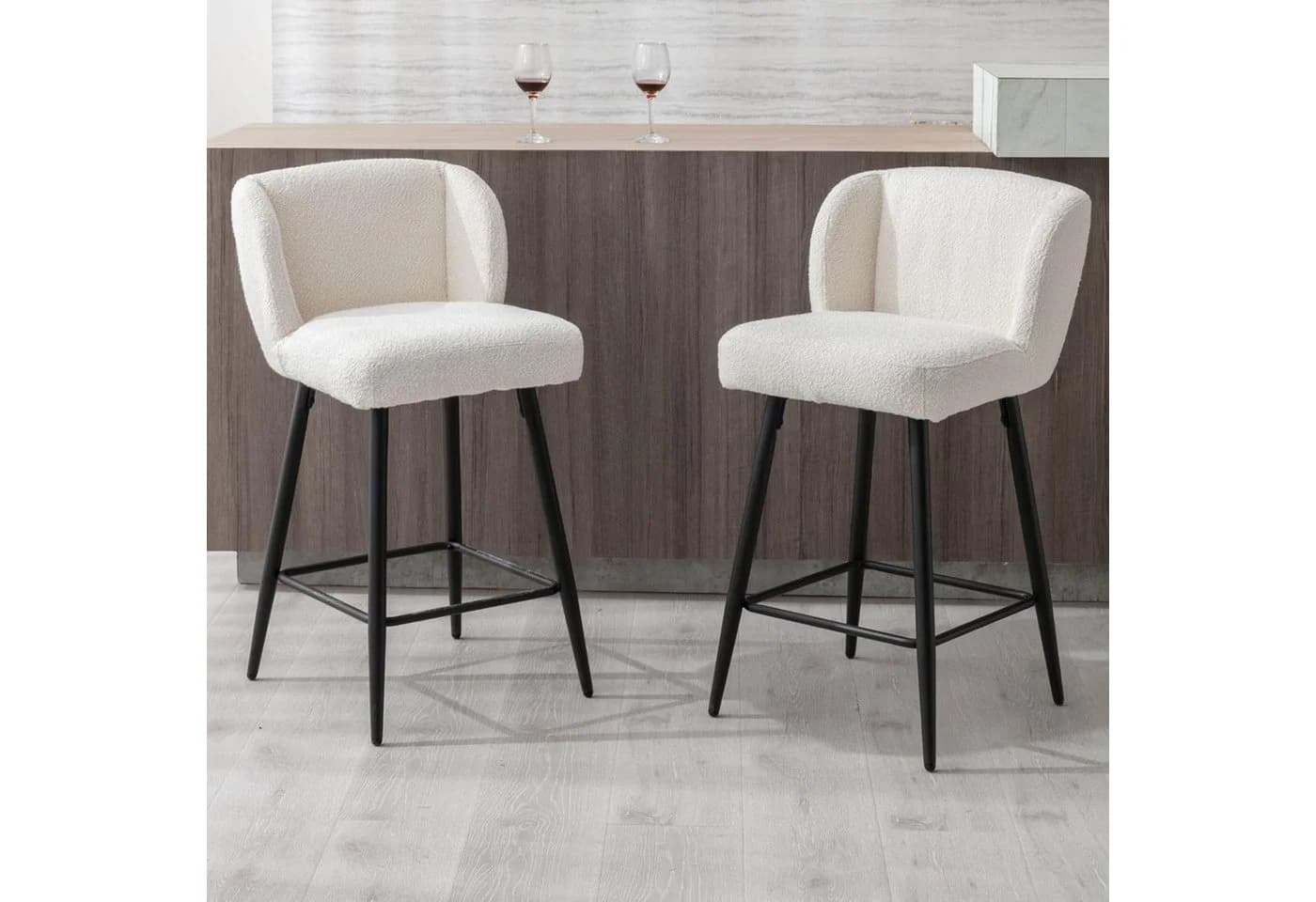 WAHSON OFFICE CHAIRS Barhocker 2er Set Leinen/Kunstfell Armlos für Theke/Esszimmer