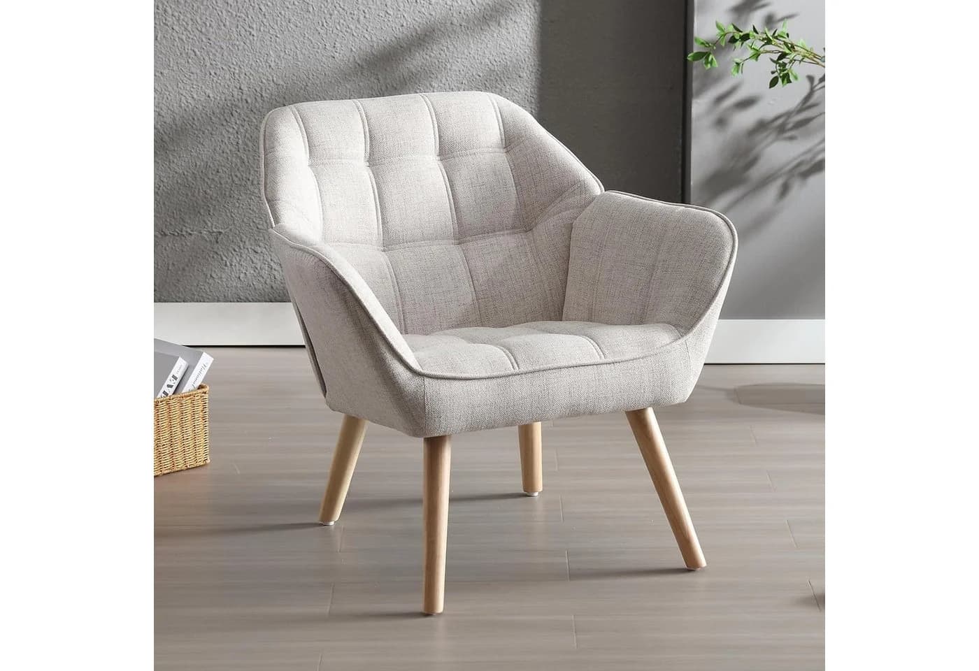 WAHSON Ohrensessel Beige Samt/Leinen Massivholz-/Metallbeine