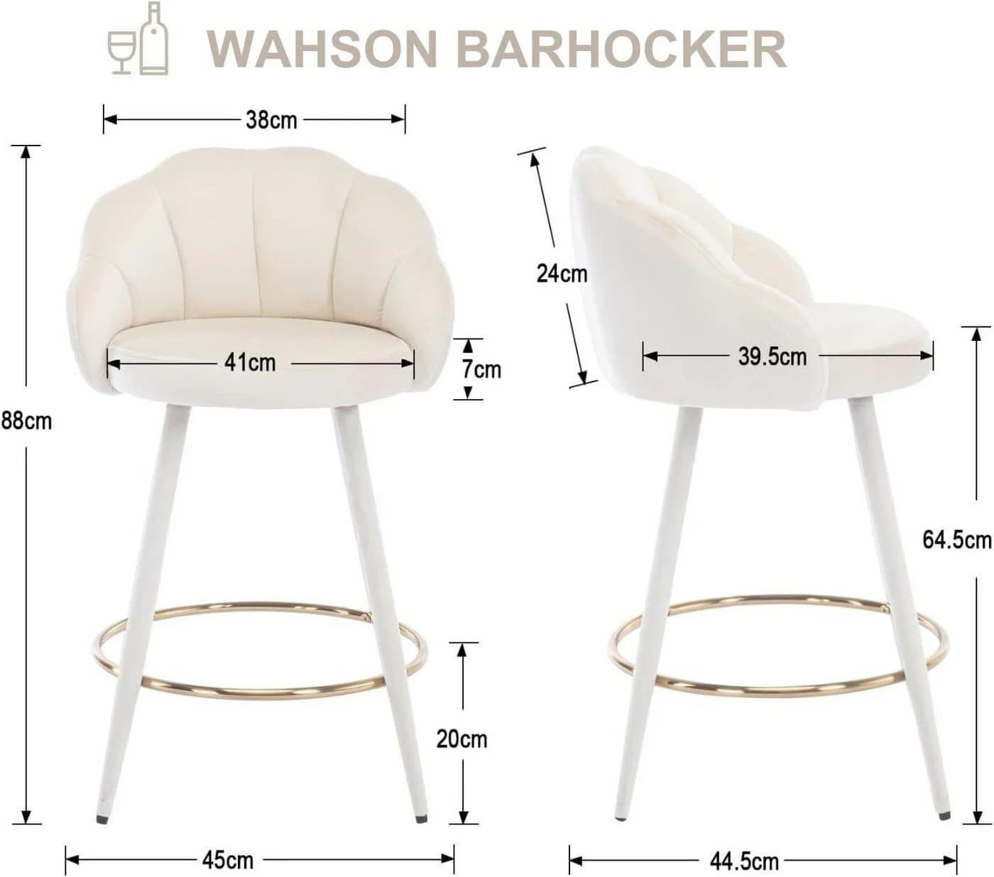 WAHSON Barhocker Samt Bistrohocker 2/4er Set Tresenhocker mit Lehne Beige