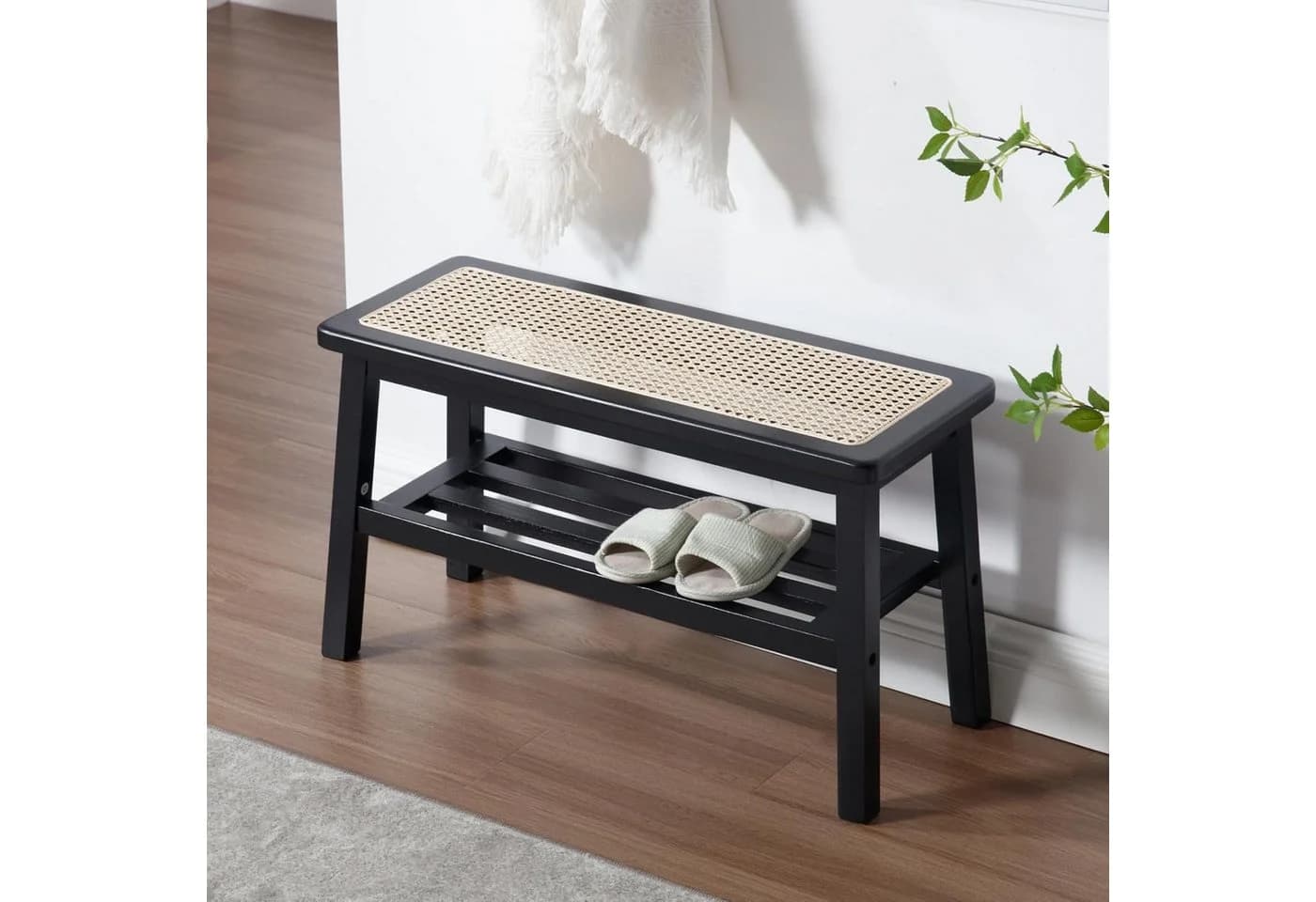 WAHSON Schuhbank Rattan Küchenbank Schwarz