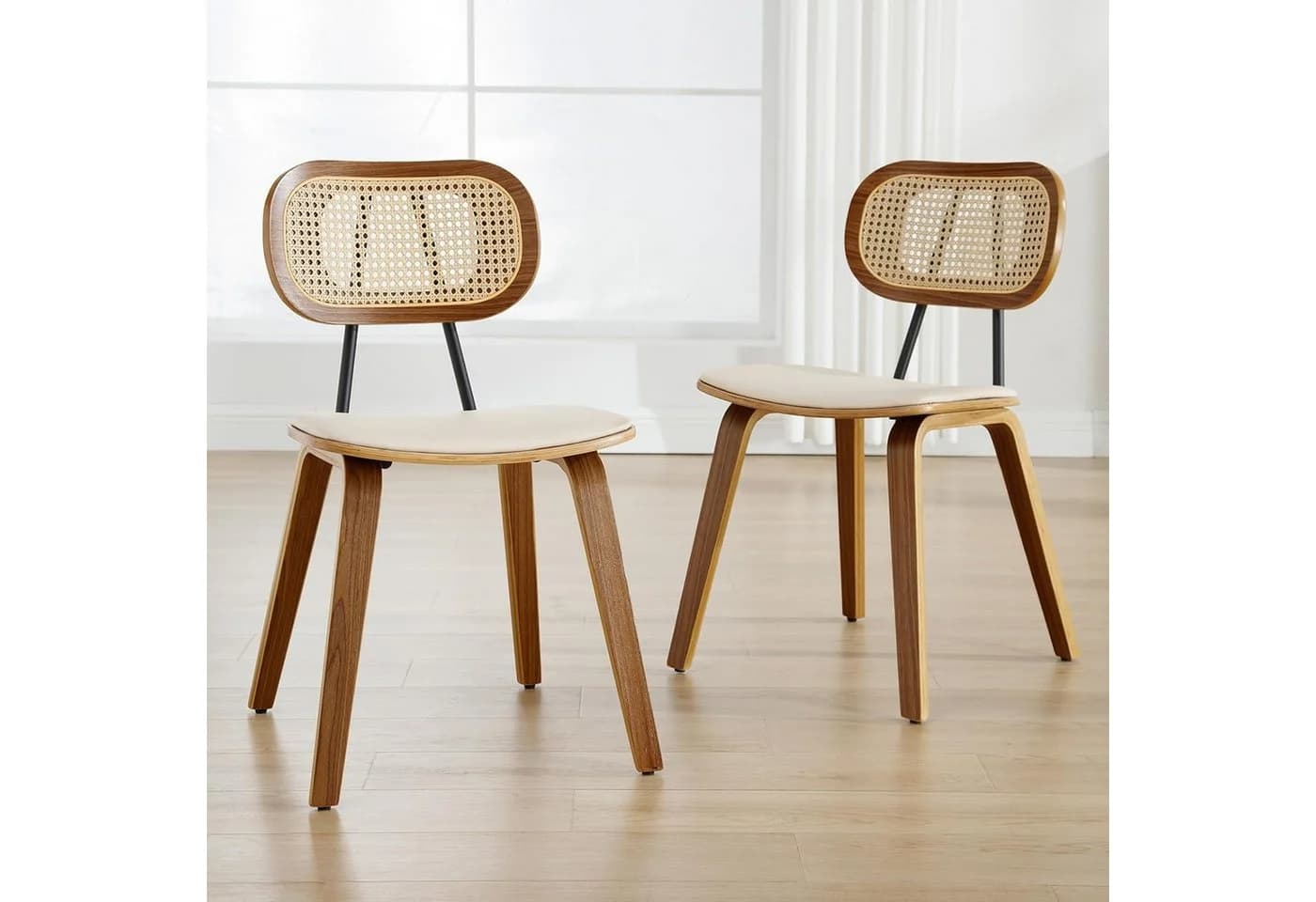 WAHSON OFFICE CHAIRS Esszimmerstuhl 2er Set Beige PU-Leder Rattan Holz