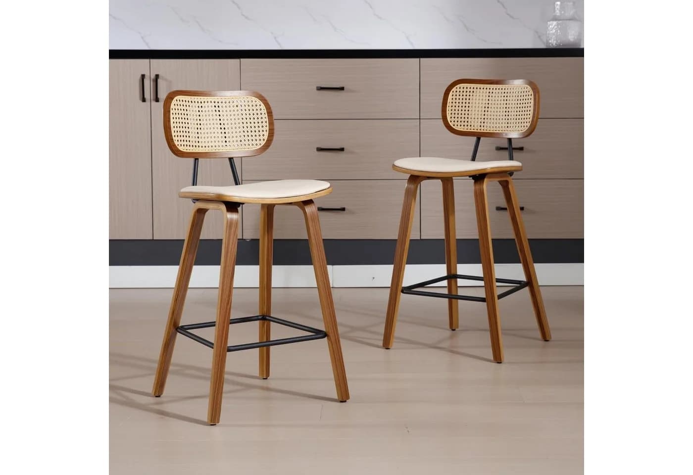 WAHSON Barhocker 2er Rattan PU-Leder Holzbeine Küchen/Wohnzimmer