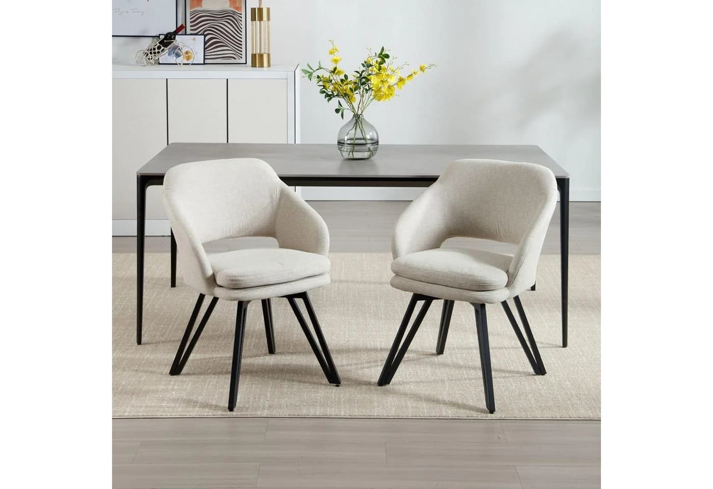 WAHSON Esszimmerstuhl 2er Set Leinen Beige mit Metallbeinen