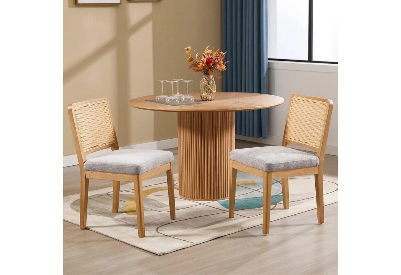 WAHSON Esszimmerstuhl 2er Set Chenille Grau Rattan-Rückenlehne