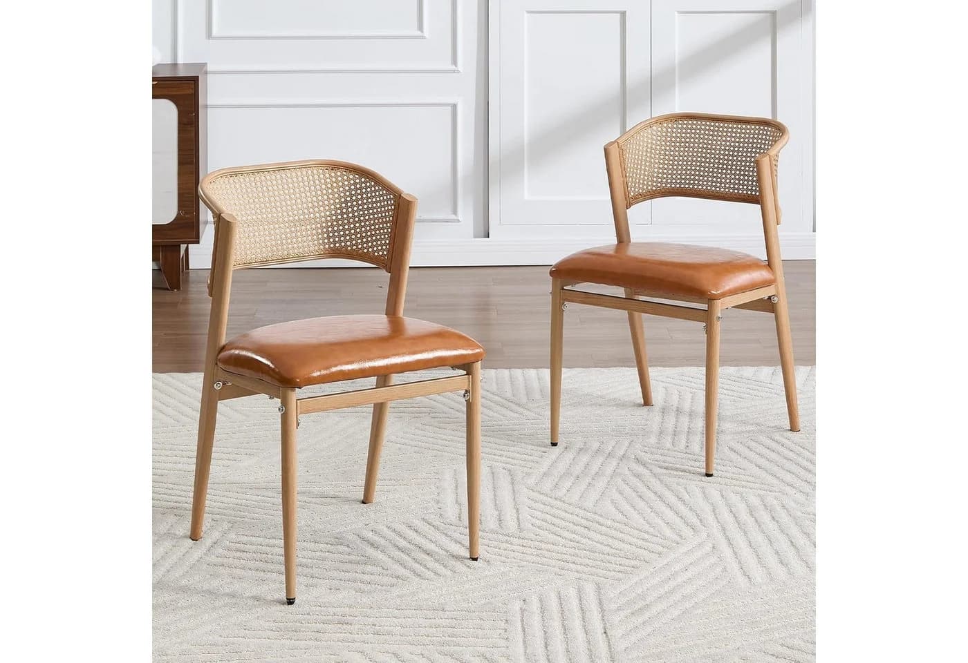 WAHSON OFFICE CHAIRS Esszimmerstuhl 2er Set Rattan Leinen Metallbeine Gelb