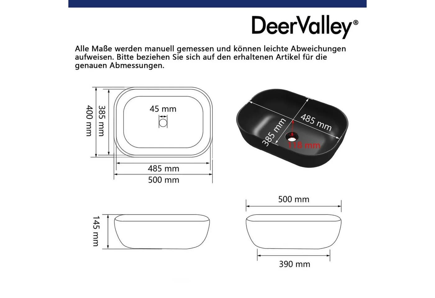 DeerValley Oval-Aufsatzbecken Schwarz Hochglanz Keramik