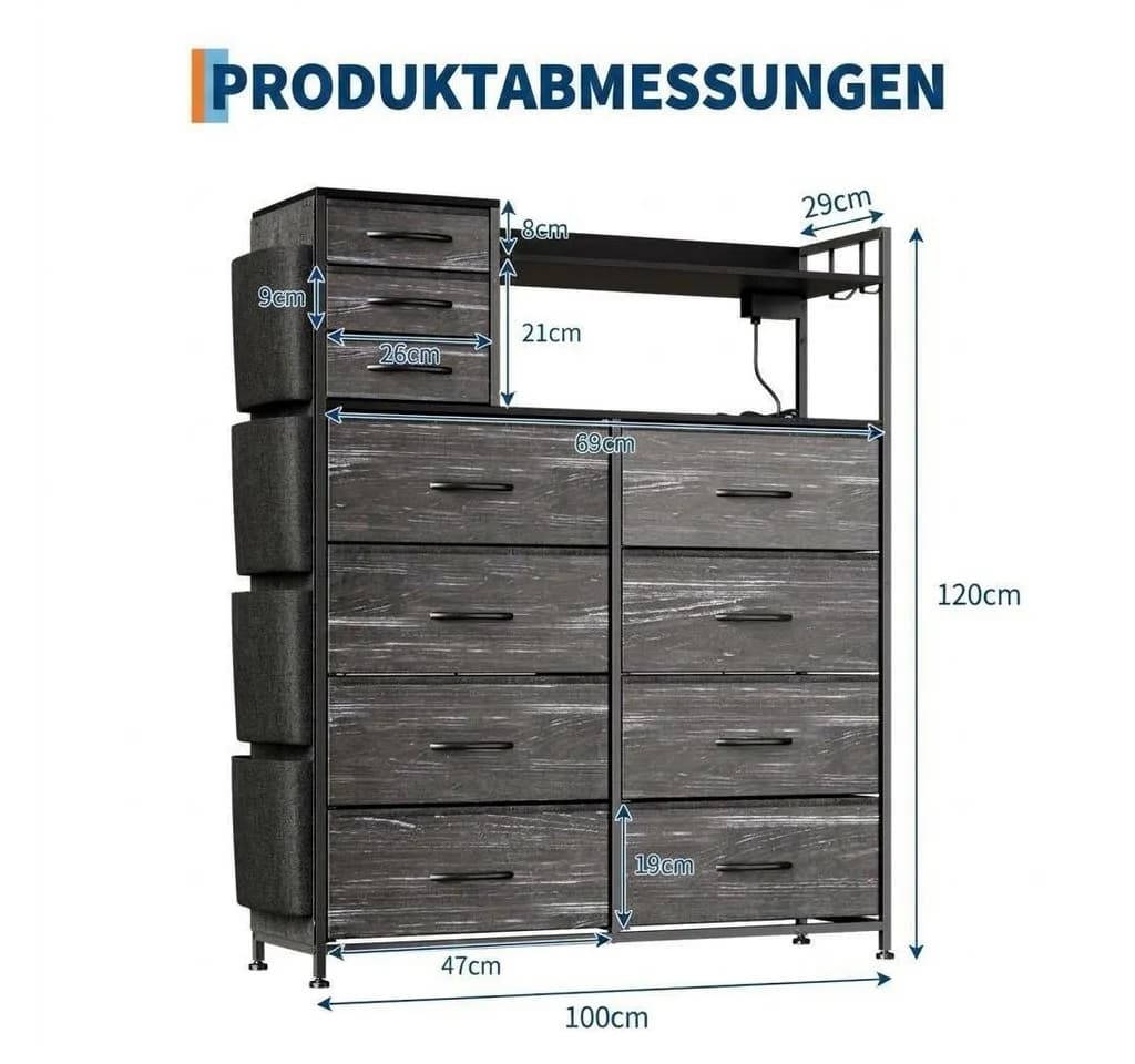 GarveeMore Kommode Schwarz mit 11 Schubladen, USB & LED