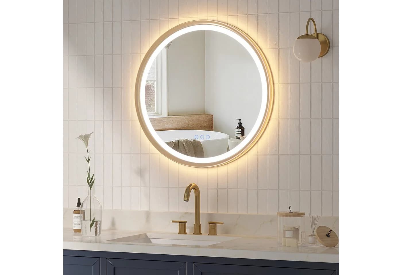 AQUALAVOS Badspiegel rund mit LED-Beleuchtung und Touch-Schalter