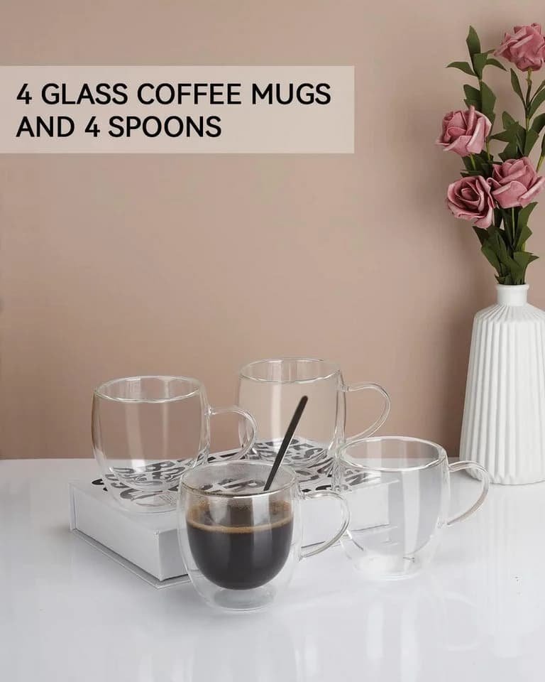 LIBWYS Doppelwandige Kaffeetassen aus Glas 4x250 ml mit Griff und Löffel