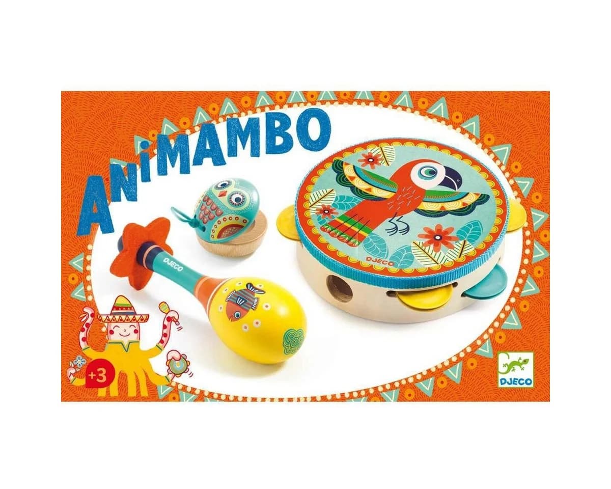DJECO Animambo Instrumenten 3-Set Tamburin, Maracas, Kastagnette