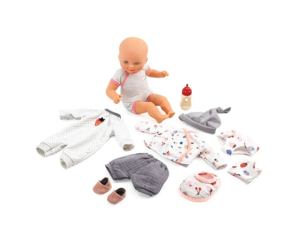 DJECO Babypuppe Pomea 32 cm Schlafaugen mit Koffer und Zubehör