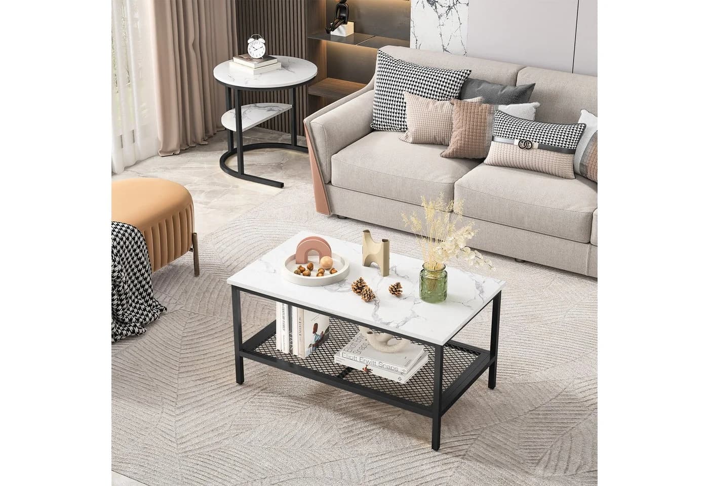 SEEZSSA Couchtisch 2er Set Schwarz Kunstmarmor Metall