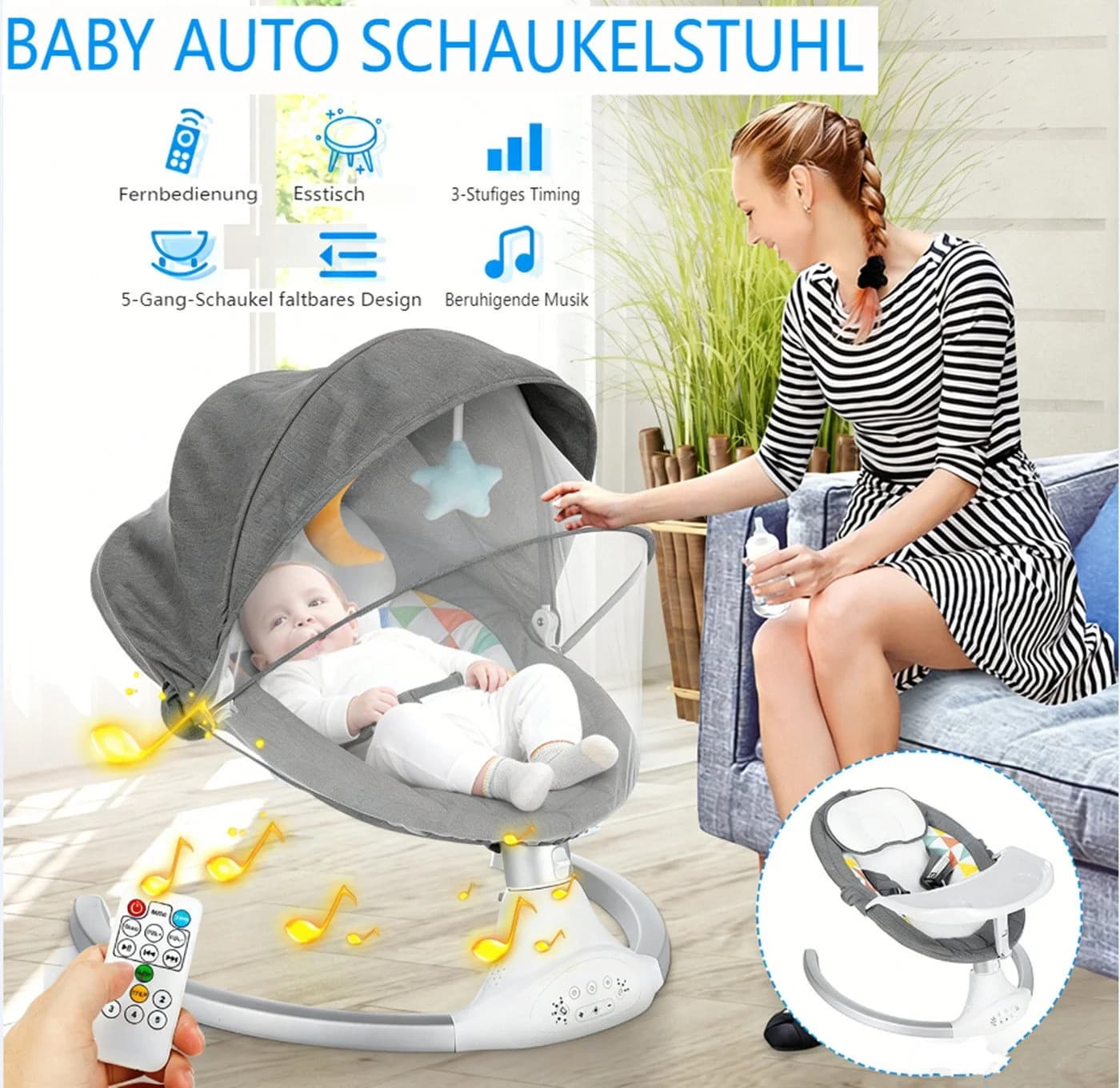bioby Babyschaukel Elektrisch 5-Gang mit Bluetooth Musik und Esstisch