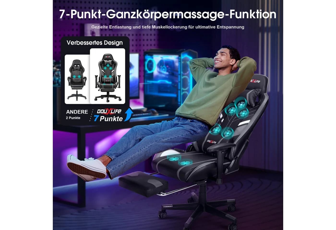 Douxlife Gaming-Stuhl mit Massagefunktion, Höhenverstellbar, Schwarz/Grau