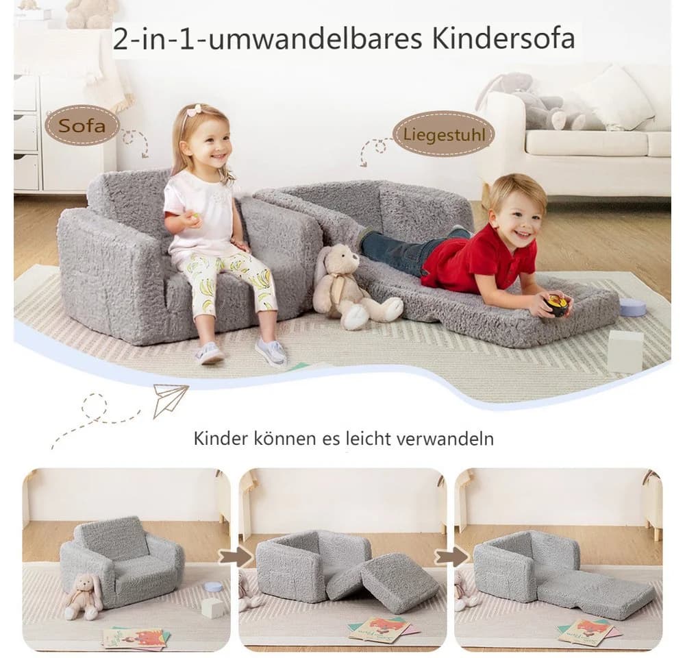 Insma Kindersofa Klappbar Grau 2-in-1 Schlafsofa mit Griff