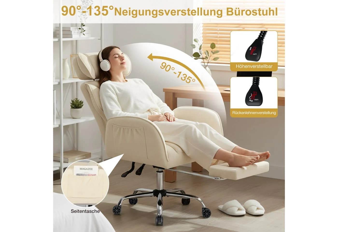 Hoffree Chefsessel Ergonomischer Bürostuhl Beige 200kg Belastbar