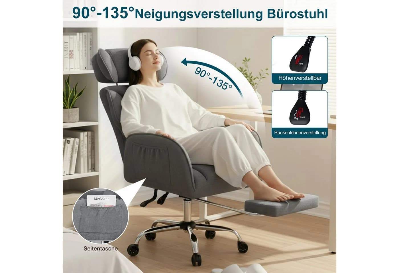 Hoffree Chefsessel Ergonomisch Grau Chenille 200kg Belastbar